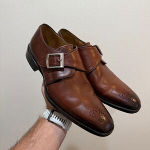 Moretti Mens Brown Leather Single Monk Strap Shoes Medallion Toe Made in Italy 9